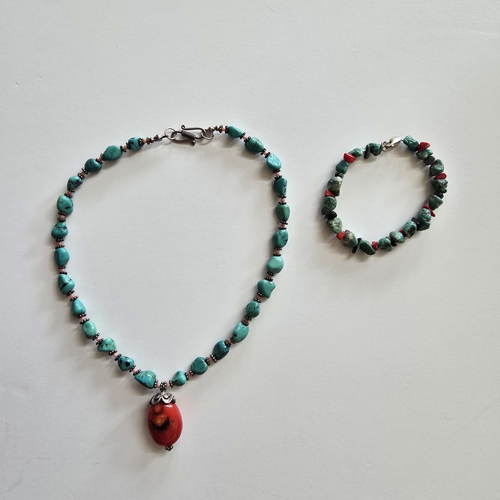 Turquoise and Red Beaded Necklace Set